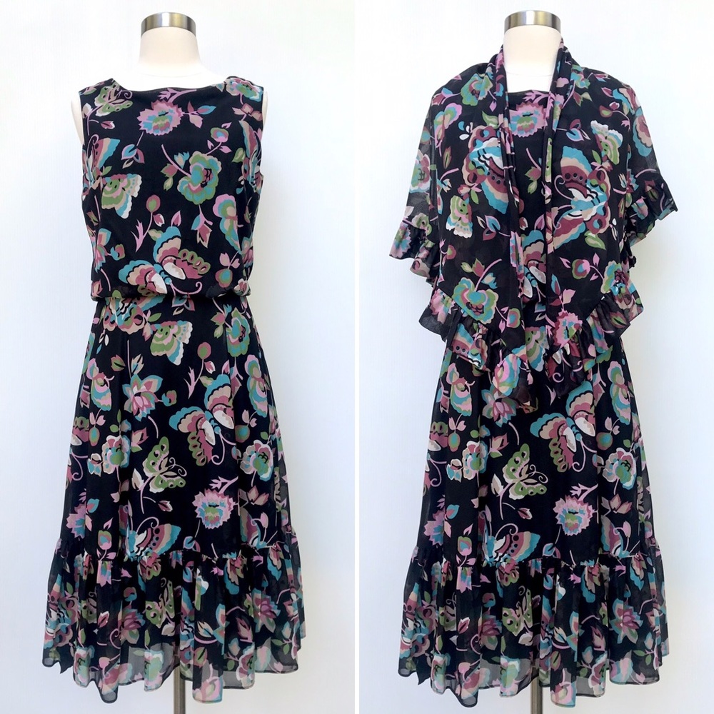 Vintage 70’s black mod floral butterfly dress & cape scarf set